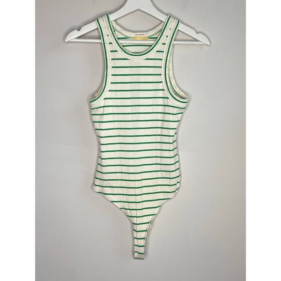 MOTHER The Chin Ups High Road Striped Green & White Bodysuit Women's Size S - Picture 4 of 8